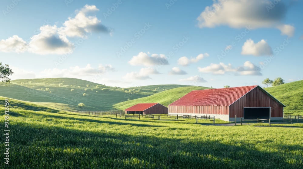A serene rural landscape featuring red barns amidst green hills and blue skies. A serene rural landscape featuring red barns amidst green hills and blue skies.
