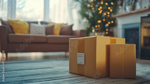 Two gift boxes in a cozy living room with a festive atmosphere.