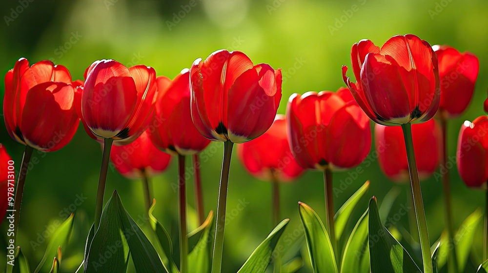 Obraz premium Closeup of red tulips against a green background, their petals vibrant and full, evoking a sense of spring