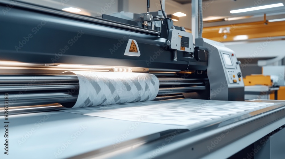 A high-tech printing machine in an industrial setting, processing patterned material. A high-tech printing machine in an industrial setting, processing patterned material.