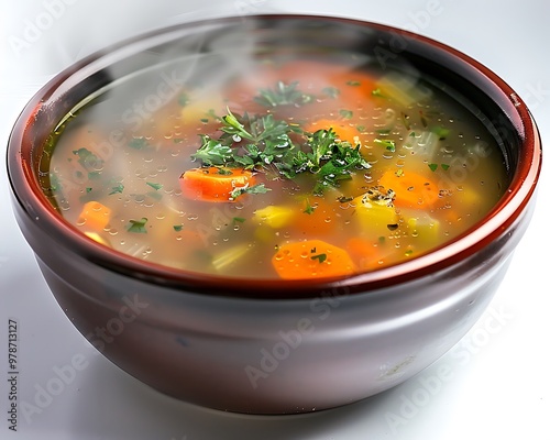 A steaming bowl of hot soup with vegetables and herbs 