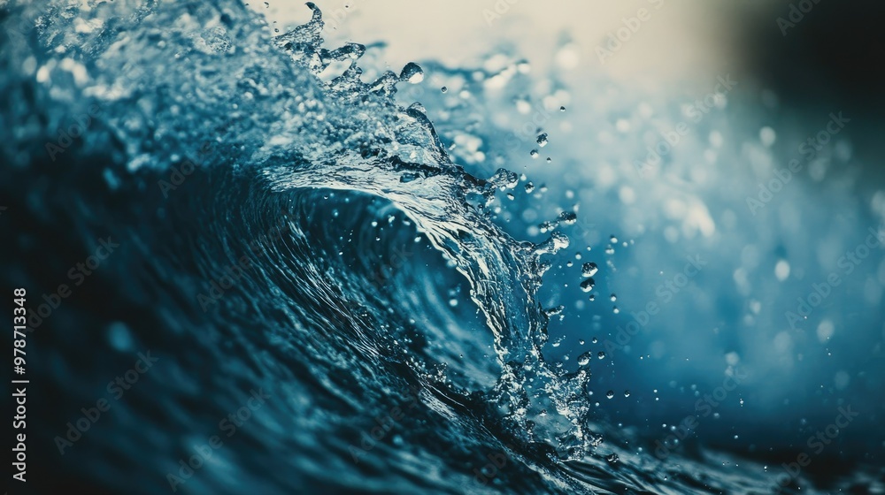 Closeup view of an ocean wave curling as it crashes, with water droplets and spray creating an energetic scene Closeup view of an ocean wave curling as it crashes, with water droplets and spray creating an energetic scene