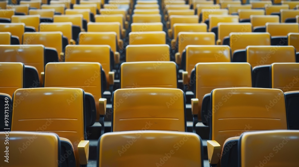 Fototapeta premium Perspective Symmetry Vibrant Yellow Stadium Seats with Deep Blue Backs, Illuminated by Subtle Top Light, Evoking Anticipation and Excitement