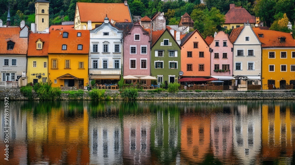 Colorful row houses along the waterfront in Cesky Krumlov, Czech Republic. Colorful row houses along the waterfront in Cesky Krumlov, Czech Republic.