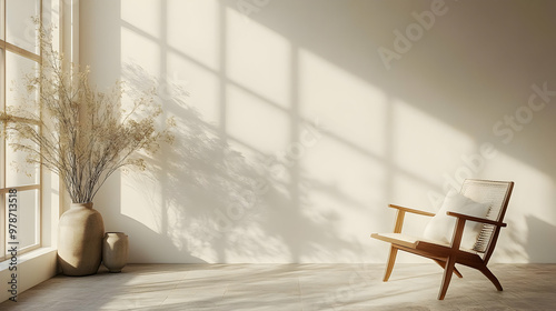 Minimalist Living Room Interior Design with Wooden Chair and Natural Light Illustration