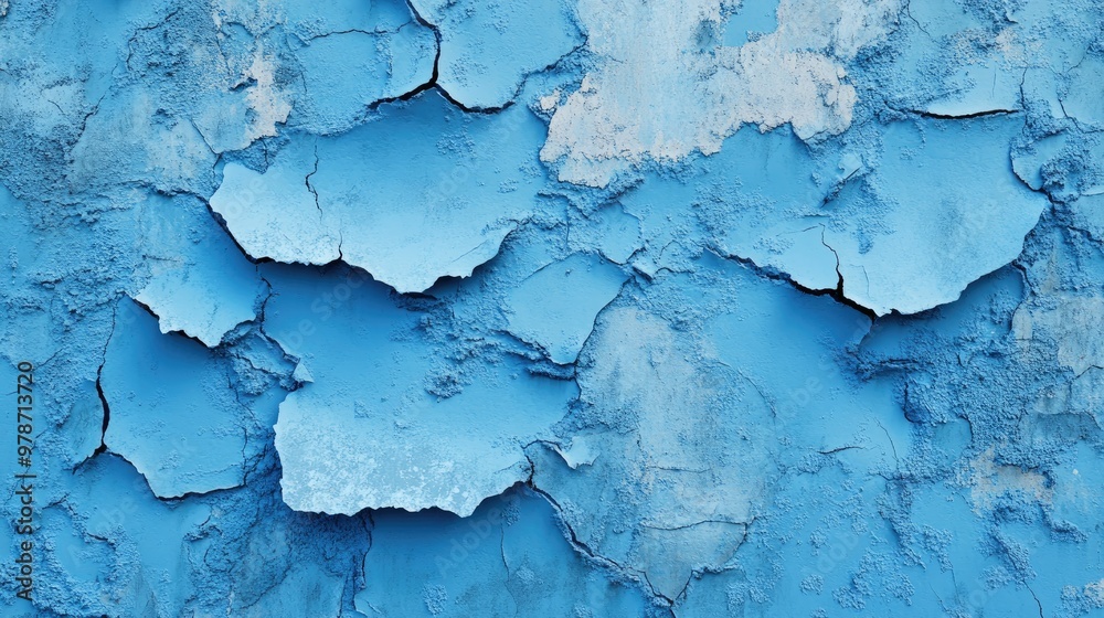Obraz premium Cracked blue painted concrete wall, with chipped areas revealing a worn, textured surface beneath for a grunge effect