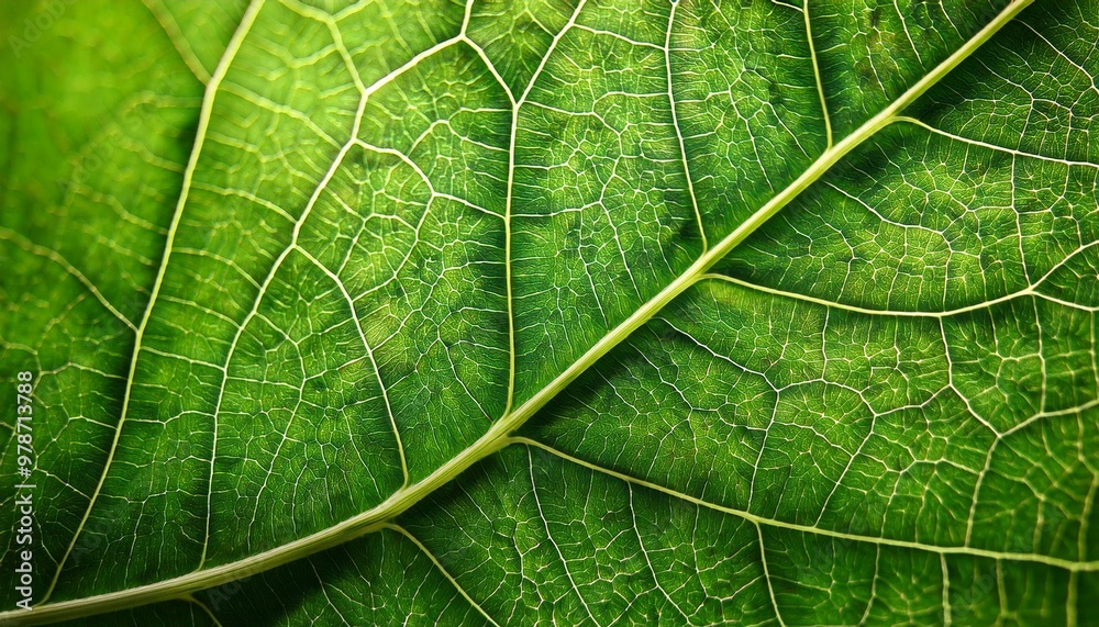 Fototapeta premium Macro photograph of a green leaf showcasing intricate vein patterns and textures, highlighting the natural beauty and complexity of plant life.