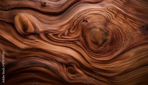 Detailed close-up of wood grain, showcasing organic textures, knots, and flowing lines in rich brown hues, revealing natural patterns.