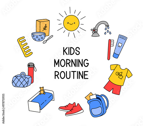 Kids morning routine vector illustration. Clipart, objects, daily tasks for kids before school. Preparation to week day. Funny clip art