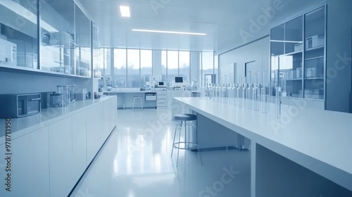 A modern laboratory with sleek surfaces and equipment for scientific research.