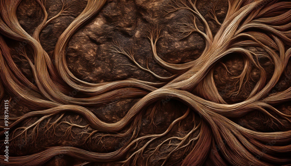 Intricate tree roots spread across a textured brown surface, creating an abstract and organic pattern resembling veins or branches. Intricate tree roots spread across a textured brown surface, creating an abstract and organic pattern resembling veins or branches.