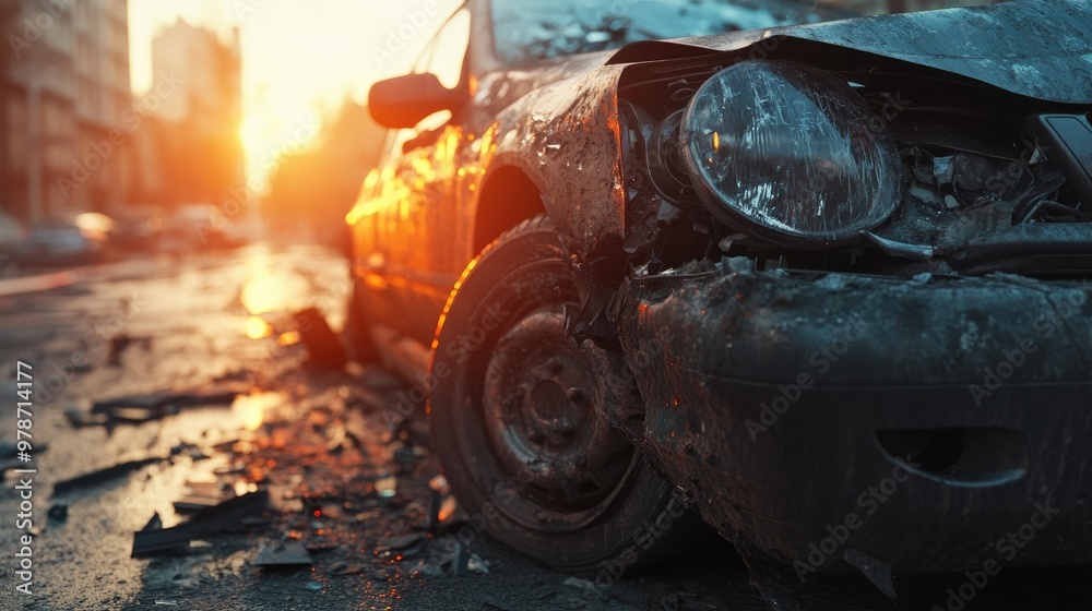 A close-up of a crashed vehicle, focusing on a shattered headlight and dented bumper, with the sun setting in the background and debris on the street. A close-up of a crashed vehicle, focusing on a shattered headlight and dented bumper, with the sun setting in the background and debris on the street.