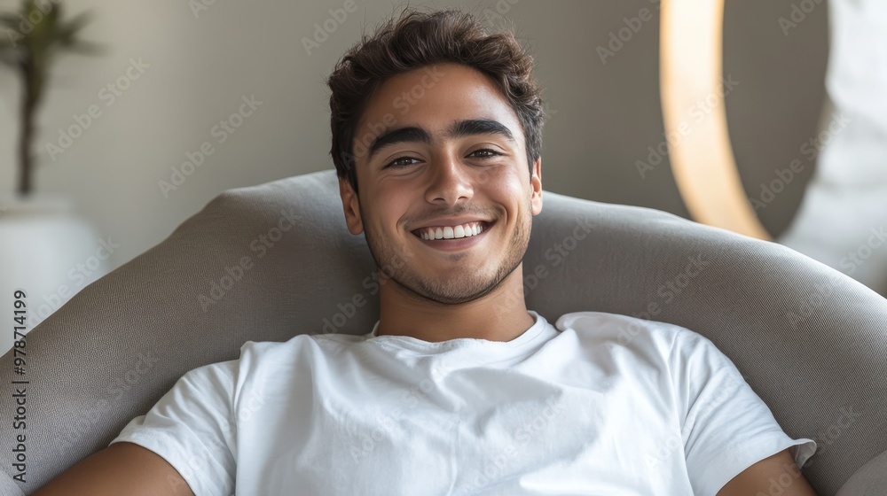 A cheerful young man with a wide smile wears a white T-shirt and sits casually in a bean bag chair.