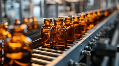 A close-up of amber bottles moving through an automated conveyor system, showcasing industrial production at its peak.