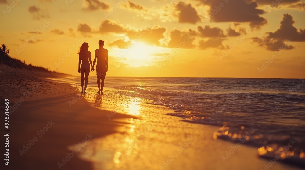 A couple enjoys a beach vacation. They walk along the shore hand-in-hand, laughing and enjoying the sunset. A couple enjoys a beach vacation. They walk along the shore hand-in-hand, laughing and enjoying the sunset.