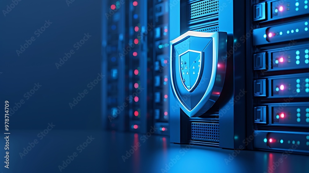Close-up image of a server with a shield, representing data security and protection in a modern data center environment. Close-up image of a server with a shield, representing data security and protection in a modern data center environment.