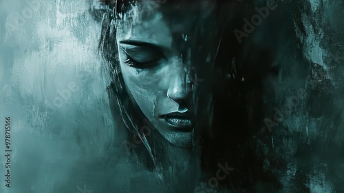 Depressed woman portrayed in an abstract style, her face partially hidden as dark tones reflect her inner turmoil