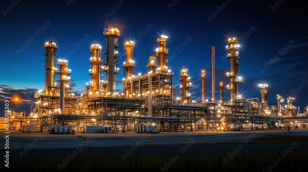 A brightly lit industrial facility at night, showcasing complex machinery and structures. A brightly lit industrial facility at night, showcasing complex machinery and structures.