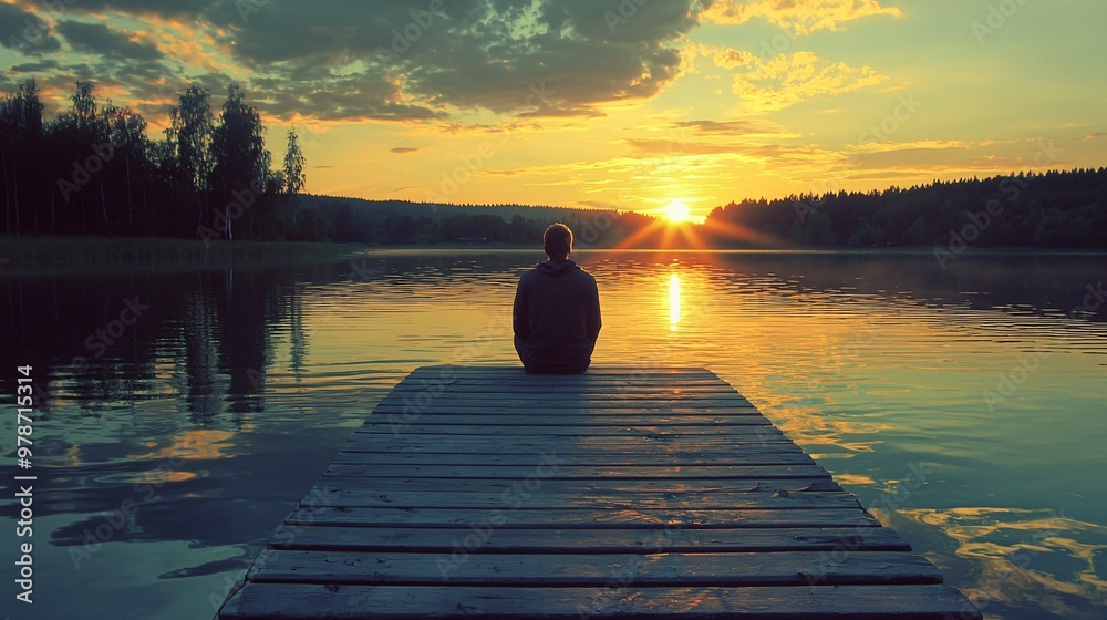 A solitary soul perched on a weathered dock at dusk reflects on their life decisions in a serene atmosphere. A solitary soul perched on a weathered dock at dusk reflects on their life decisions in a serene atmosphere.