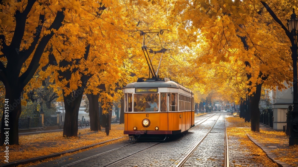 Obraz premium A nostalgic streetcar travels along a tramway beneath a canopy of vibrant yellow autumn foliage, creating a picturesque tree tunnel in Prague City.