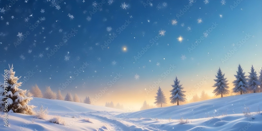 Snowy winter landscape with blurred golden lights and falling snowflakes against a blue sky.