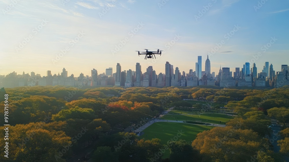 A single drone flying over a vibrant city skyline, capturing aerial views of parks, skyscrapers, and bustling neighborhoods in the distance. A single drone flying over a vibrant city skyline, capturing aerial views of parks, skyscrapers, and bustling neighborhoods in the distance.