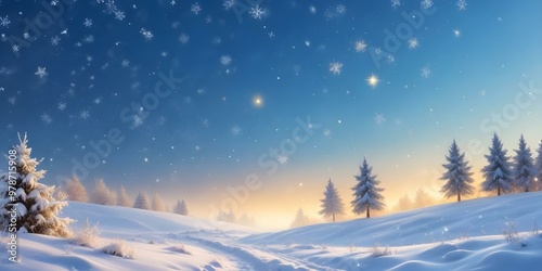 Snowy winter landscape with blurred golden lights and falling snowflakes against a blue sky.