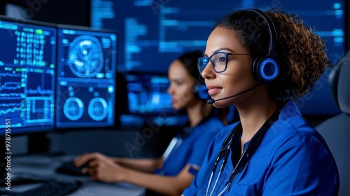 A professional female healthcare worker in a headset, analyzing data on multiple screens in a modern medical environment.