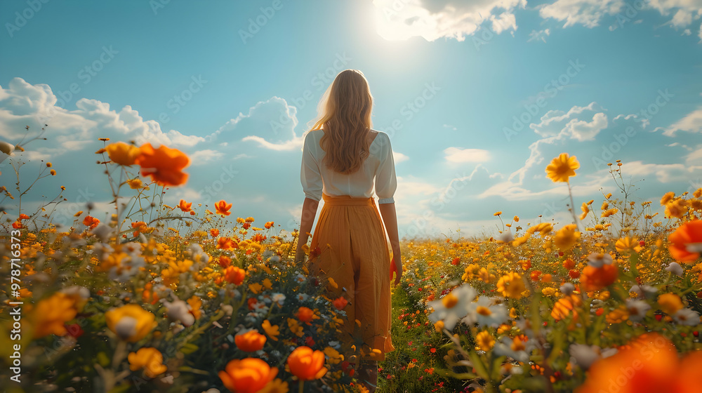Fototapeta premium Woman Walking Through a Field of Wildflowers - Realistic Image