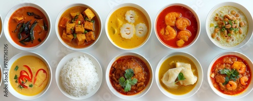 Symmetrical Delights A Top-Down Array of Vibrant Indian Curries in White Bowls Adorned with Fresh Herbs and Vegetables on a Clean Background