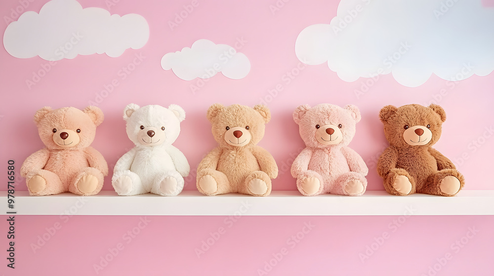 custom made wallpaper toronto digitalA row of bears sits atop a white shelf in front of a pink wall with cloudy skies