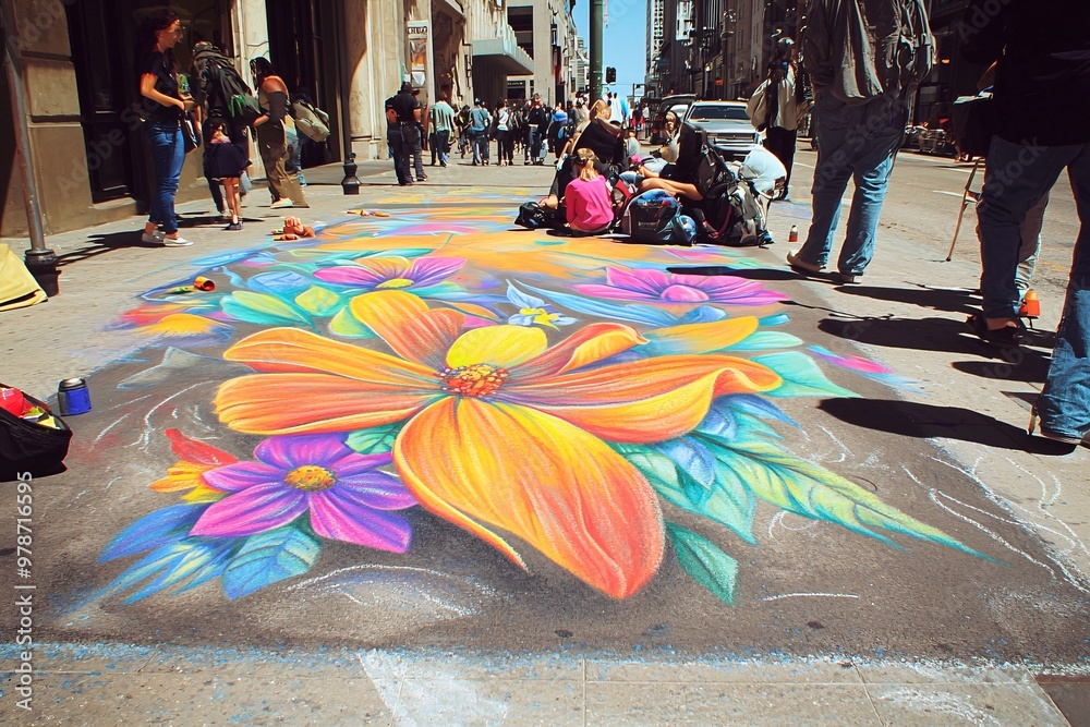Naklejka premium A sidewalk transforms into a vibrant canvas as a street artist captivates onlookers with vivid chalk creations.