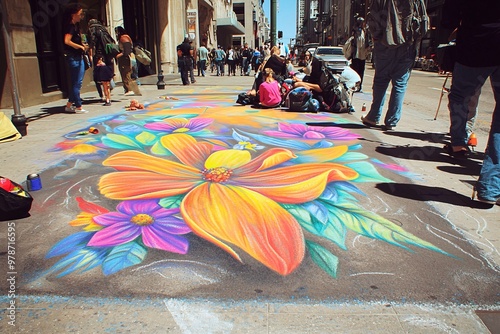 A sidewalk transforms into a vibrant canvas as a street artist captivates onlookers with vivid chalk creations.