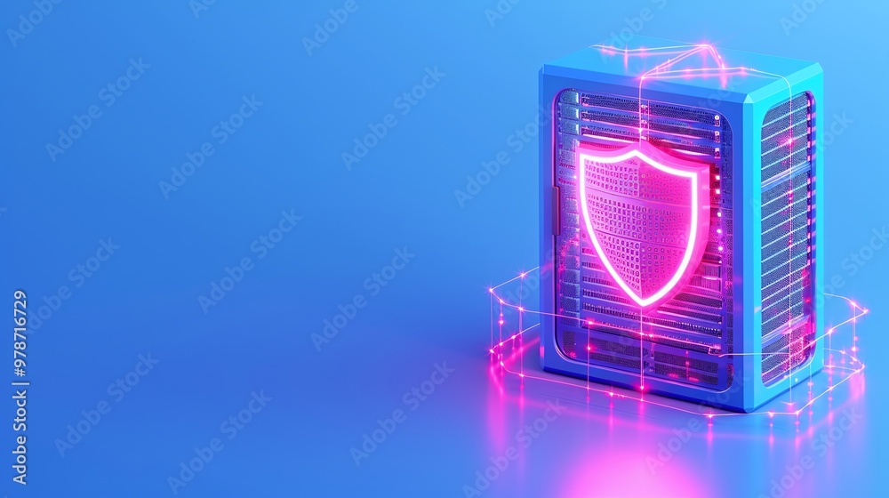 Fototapeta premium Digital security concept featuring a glowing shield icon on a blue background, symbolizing data protection and cybersecurity.