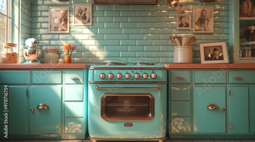 A vintage kitchen featuring a turquoise stove and cheerful decor.