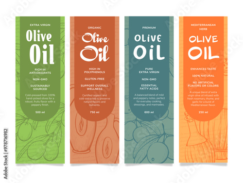 Different varieties of olive oil displayed on colorful labels, showcasing health benefits and culinary uses in a vibrant market setting
