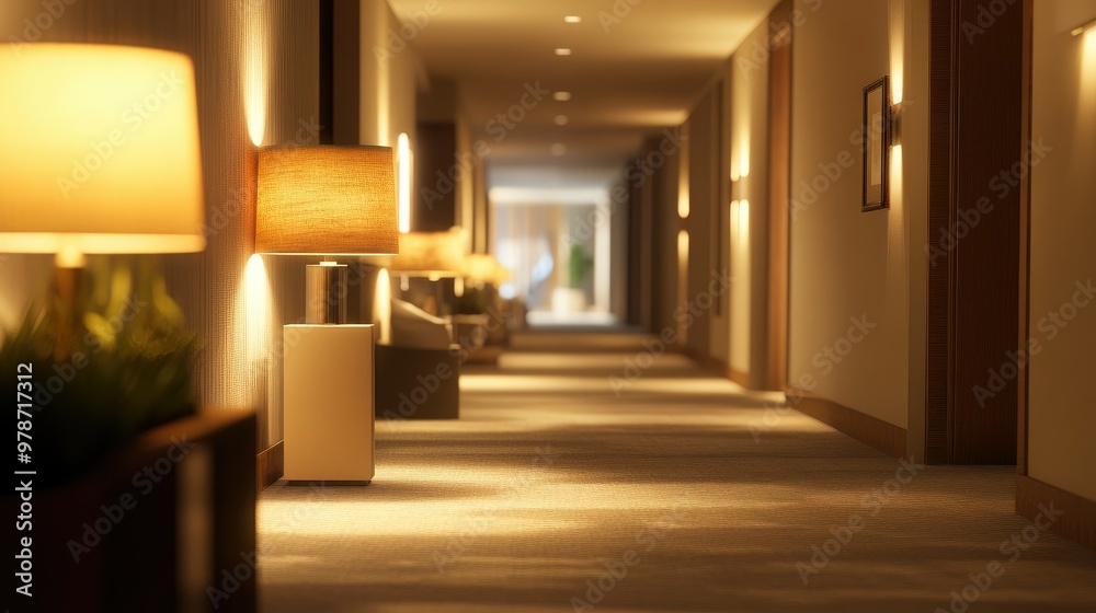 Calm and warm hotel corridor with softly glowing lamps, offering a peaceful, welcoming path for guests. Calm and warm hotel corridor with softly glowing lamps, offering a peaceful, welcoming path for guests.