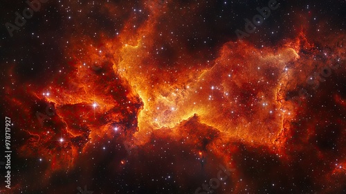 Fototapeta Naklejka Na Ścianę i Meble -  Fiery red and orange space nebula swirling around star clusters, with vibrant gas clouds creating a striking cosmic effect