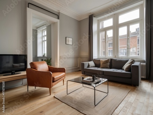 Modern Living Room with Leather Armchair, Grey Sofa, and Glass Coffee Table