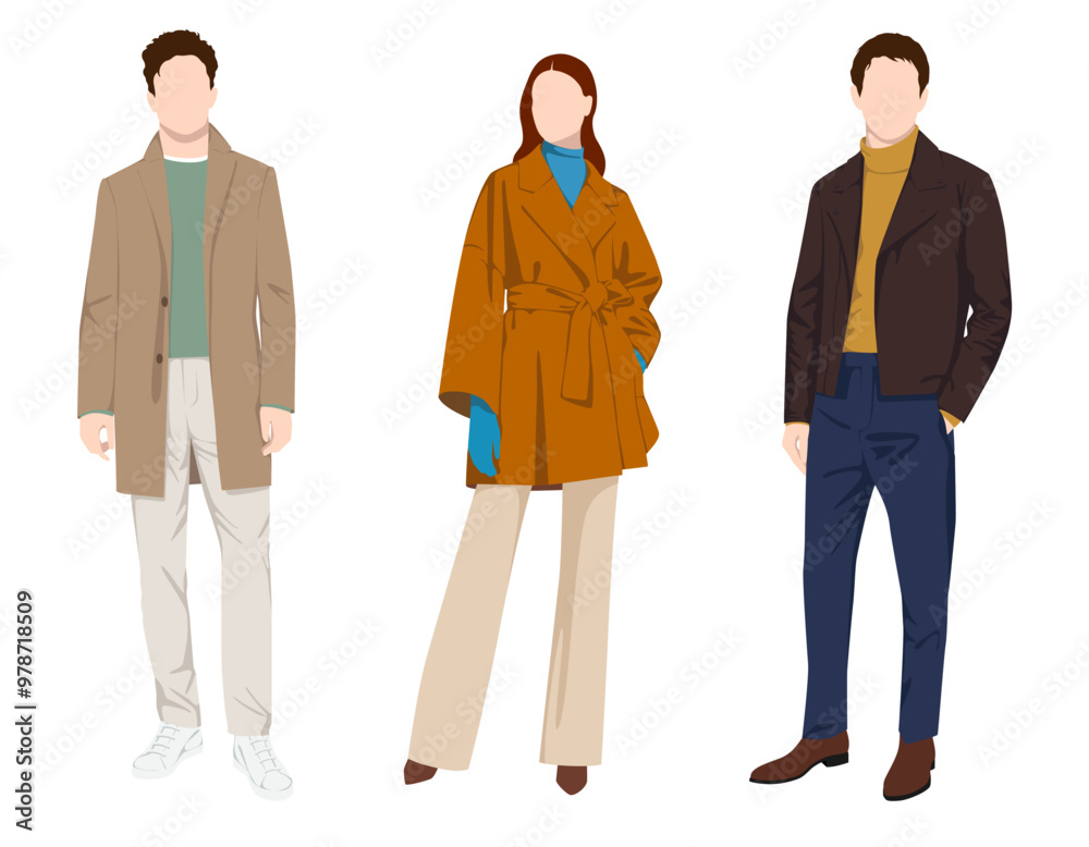 1502_Vector fashion illustration of two handsome men and beautiful woman wearing various fashionable autumn and winter clothes 1502_Vector fashion illustration of two handsome men and beautiful woman wearing various fashionable autumn and winter clothes