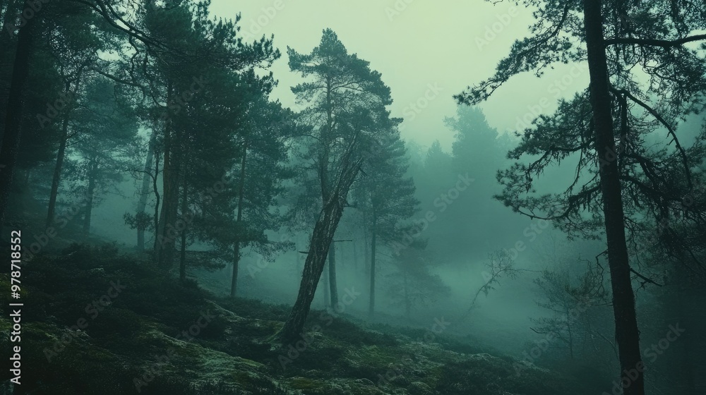 Fog-covered woodland scene, with tall trees shrouded in mist creating an atmospheric, moody landscape Fog-covered woodland scene, with tall trees shrouded in mist creating an atmospheric, moody landscape