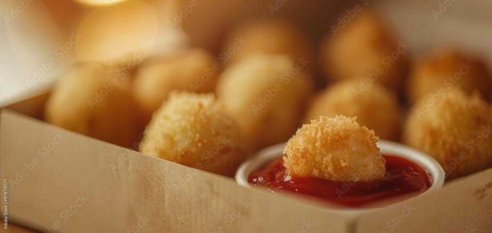 Delicious golden fried snacks served with a side of ketchup. Perfect for appetizers or party platters. Crispy and inviting! Delicious golden fried snacks served with a side of ketchup. Perfect for appetizers or party platters. Crispy and inviting!