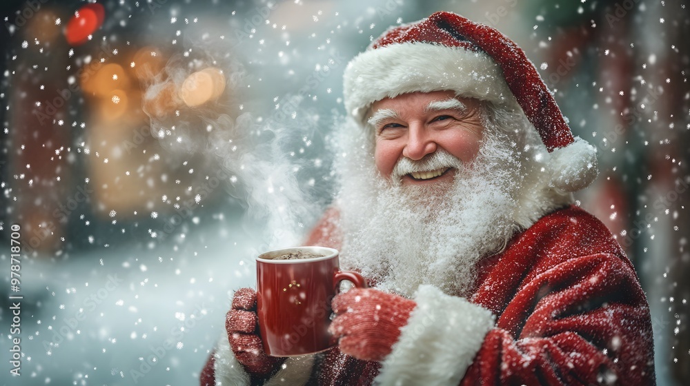 38. Santa smiling while holding a steaming mug of cocoa snow softly falling outside a warm festive scene 38. Santa smiling while holding a steaming mug of cocoa snow softly falling outside a warm festive scene