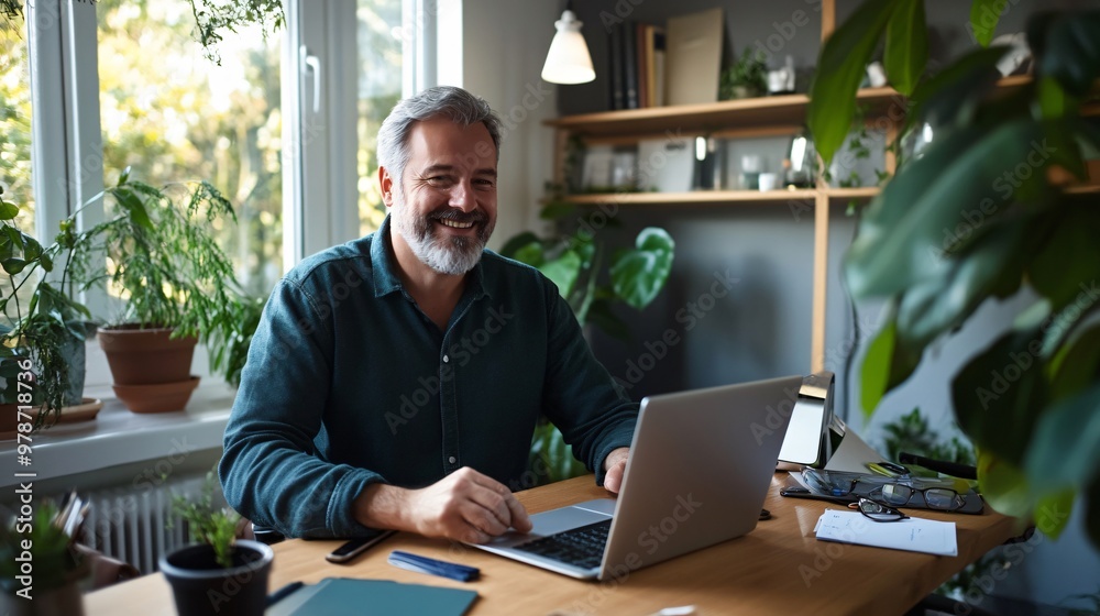 Productive Men in Home Office Attending Virtual Team Meeting Surrounded by Tech Gadgets Productive Men in Home Office Attending Virtual Team Meeting Surrounded by Tech Gadgets
