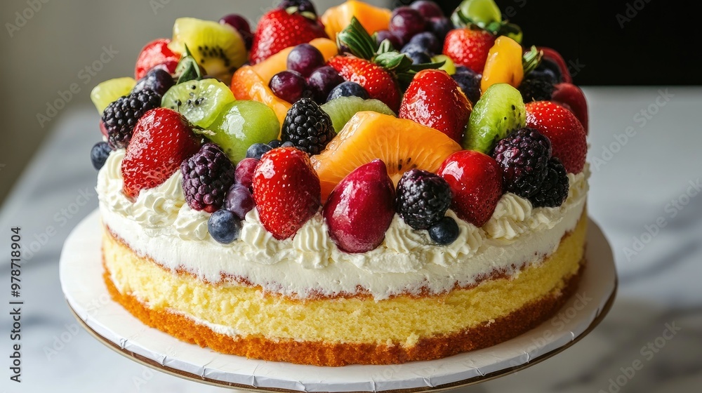 Fresh seasonal fruits arranged on top of a cream cake, creating a refreshing and colorful dessert option Fresh seasonal fruits arranged on top of a cream cake, creating a refreshing and colorful dessert option