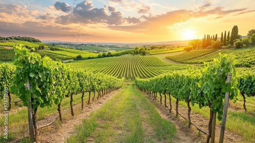 Scenic vineyard landscape at sunset with rows of grapevines and rolling hills.