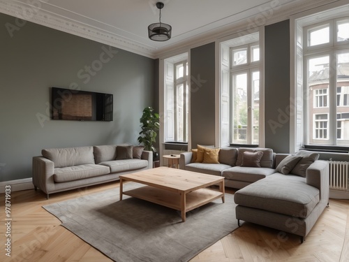 Contemporary living room with grey sectional sofa, wooden coffee table, and large windows.