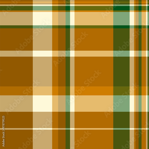 70s texture textile plaid, tan pattern seamless background. Wallpaper fabric vector tartan check in amber and lime colors.