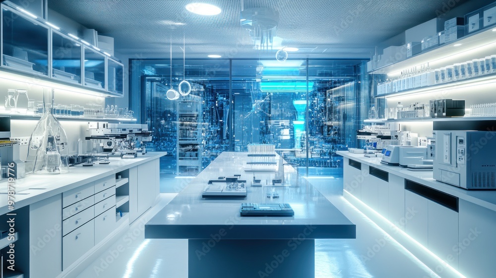 Modern laboratory interior with high-tech equipment and organized workspace. Modern laboratory interior with high-tech equipment and organized workspace.