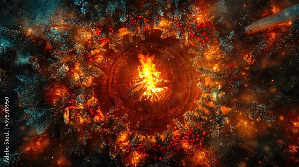 Fototapeta premium An aerial view of a vibrant campfire surrounded by glowing embers, creating a mesmerizing circular light pattern in the night.